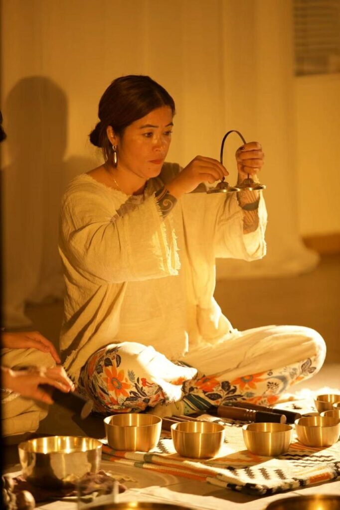 Singing bowl therapy session Pokhara Nepal